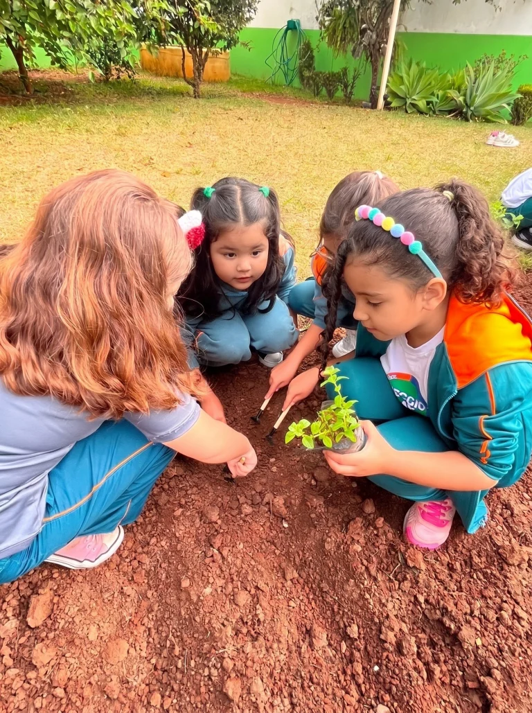 Crianças plantam mudas na horta do colégio