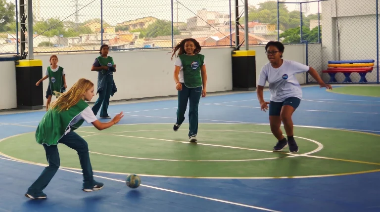 Alunos jogam futsal na quadra do colégio